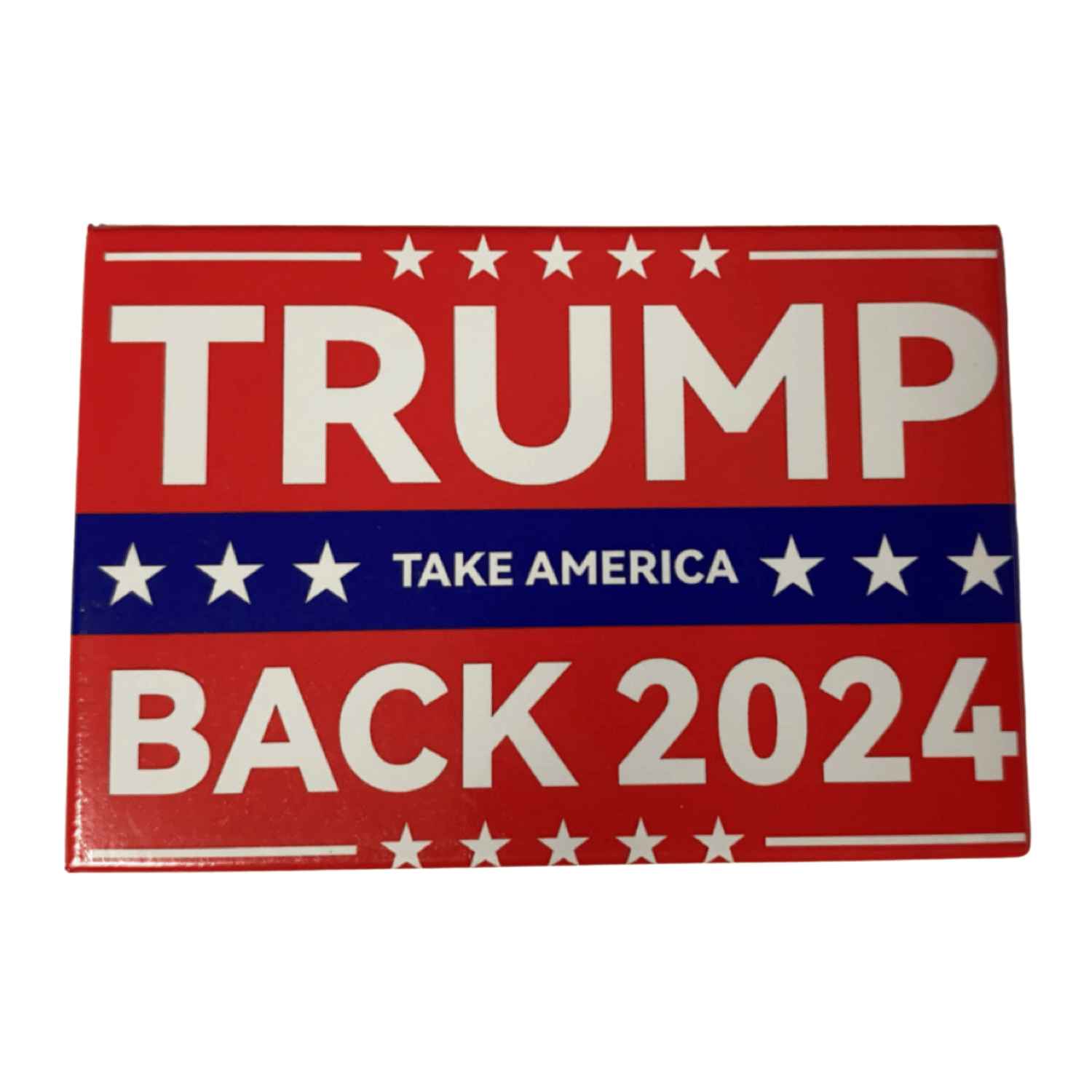 Trump 2024 Take America Back red magnet featuring bold white text and patriotic details displayed on a fridge.