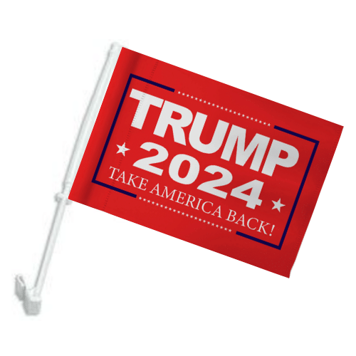 Trump 2024 Take Back America car flag attached to a vehicle window, featuring vibrant colors and bold text for maximum visibility.