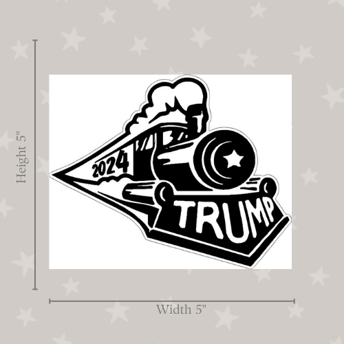 Trump 2024 Train medium sticker in black and white, showcasing a bold political design, applied to a laptop in an outdoor setting.