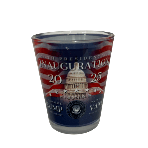 Trump 2025 Inauguration Shot Glass made of crystal-clear glass featuring U.S. Capitol and American flag backdrop with images of Trump and Vance.