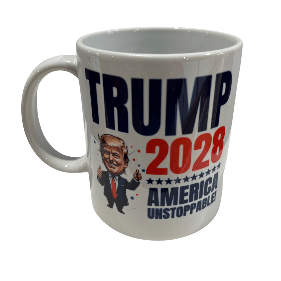 Trump 2028 America Unstoppable Mug showcasing Donald Trump giving two thumbs up with red, white, and blue colors against a bright background.