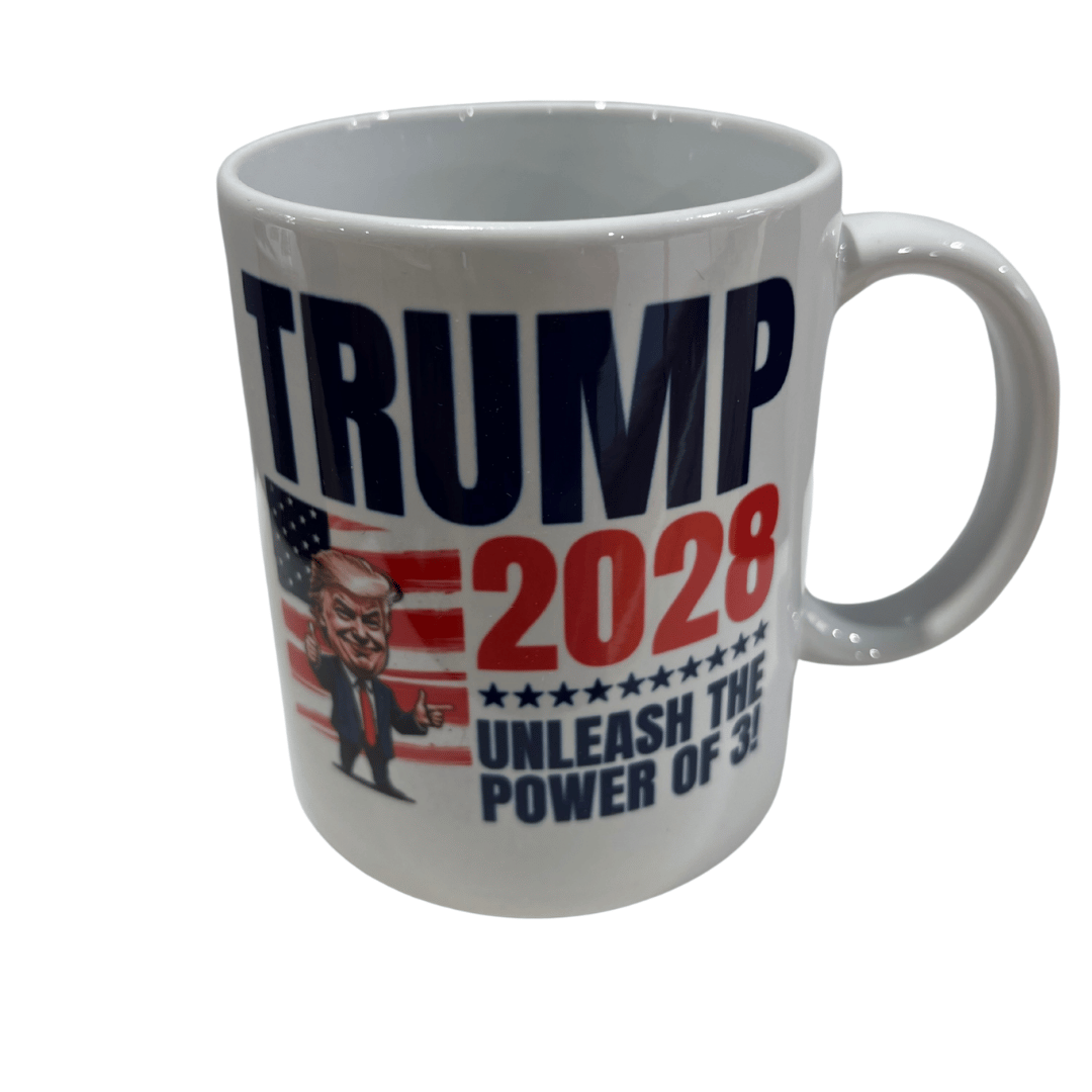 Trump 2028 Power of Three Mug featuring a thumbs-up caricature of Trump and waving American flag design on a white background.