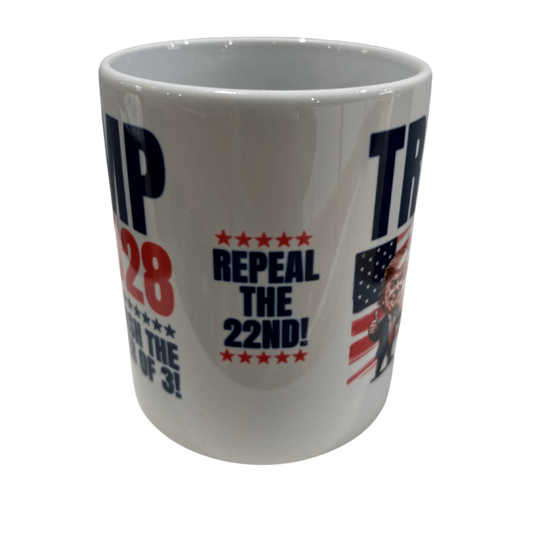 Trump 2028 Power of Three Mug featuring a thumbs-up caricature of Trump and waving American flag design on a white background.