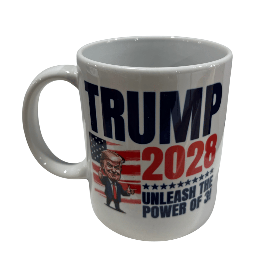 Trump 2028 Power of Three Mug featuring a thumbs-up caricature of Trump and waving American flag design on a white background.