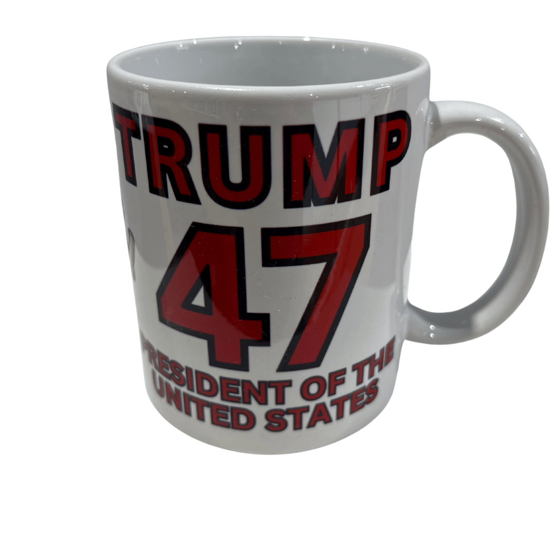 Trump 45/47 Double Trouble Mug featuring bold red and black lettering and a full-wrap design celebrating Trump's presidency.