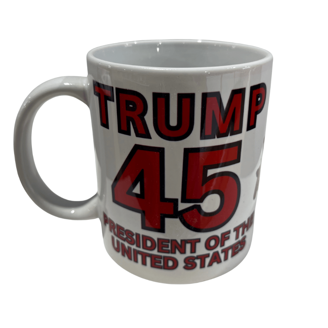 Trump 45/47 Double Trouble Mug featuring bold red and black lettering and a full-wrap design celebrating Trump's presidency.