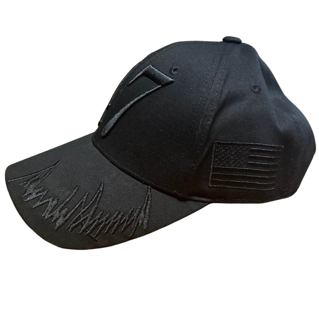 Trump '47 President Black Hat featuring black-on-black embroidery with Presidential Seal, perfect for showing support in a stylish way.
