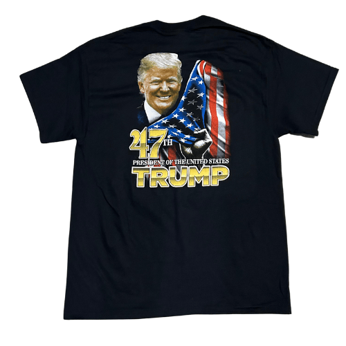 Trump 47th President T-Shirt featuring gold lettering and a portrait of Trump on a black shirt, designed for patriots celebrating American leadership.