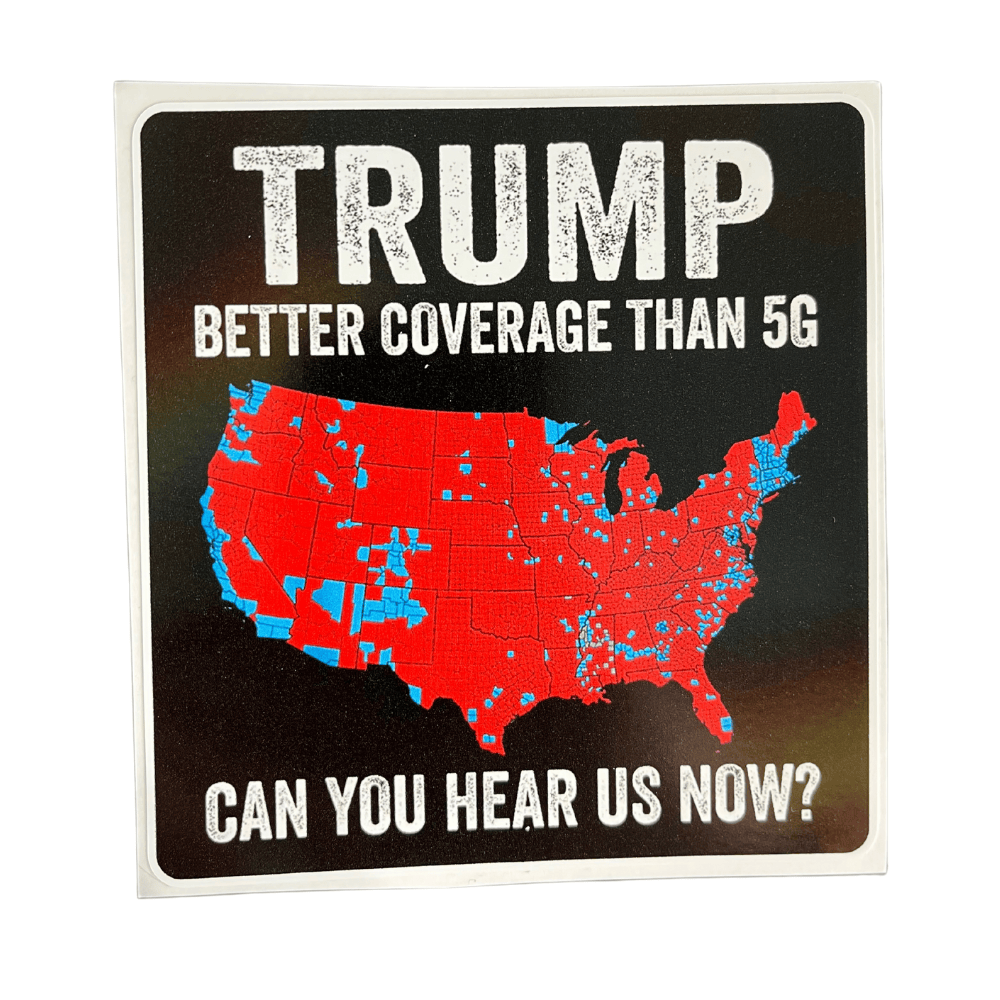 Trump Better Coverage Sticker featuring bold patriotic designs, applied to a laptop in a bright outdoor setting.