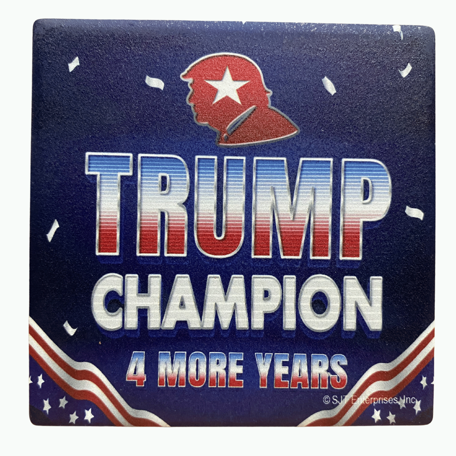 Trump Champion Four More Years Square Absorbable Stone Coaster featuring red, white, and blue design with silhouette of Trump displayed on a table.