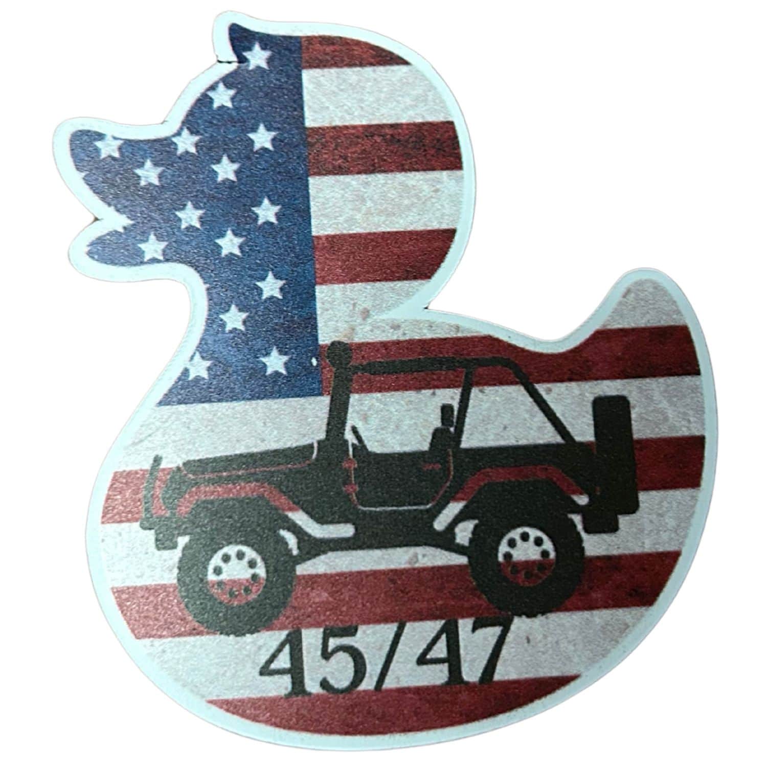 Trump Ducky Jeep 45/47 Magnet featuring a cheerful duck design on a metallic surface, ideal for Jeeps or home decor.