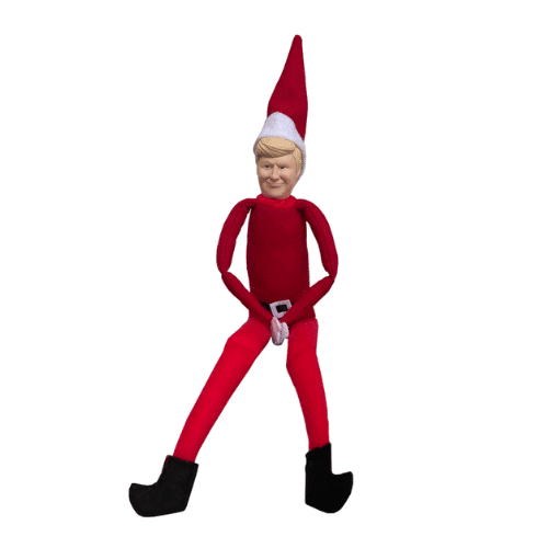 Trump Elf Figure in a bright red costume with matching hat, designed for holiday decor, showcasing a cheerful Donald Trump, adding whimsy to winter celebrations.