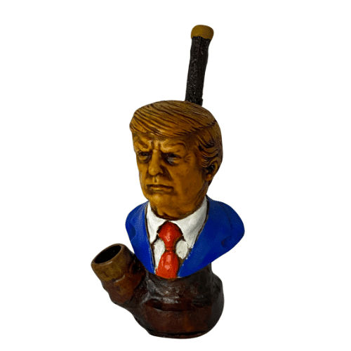 Hand-carved Trump Executive Tobacco Pipe featuring President Donald J. Trump in a blue suit, set against a neutral background for display.