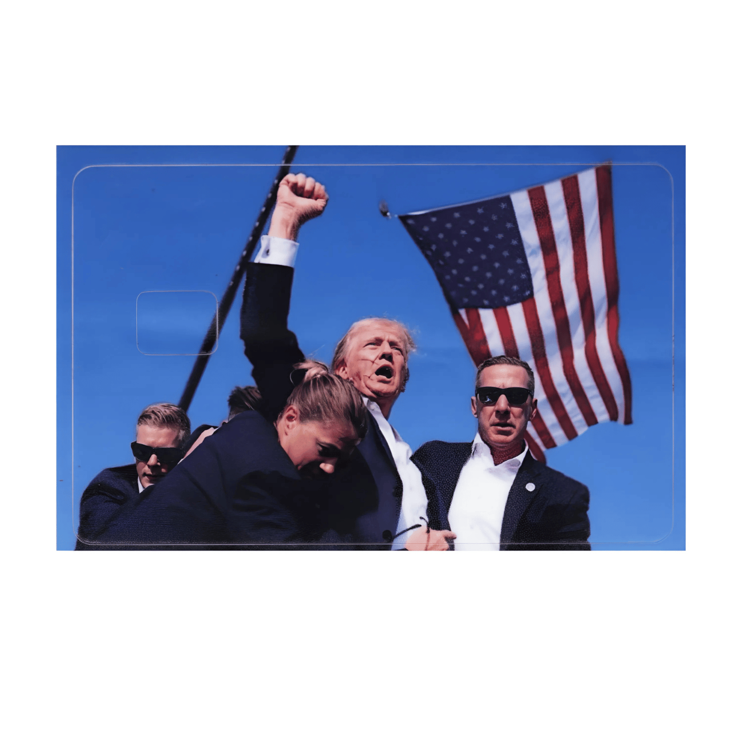 Trump Fight Credit Card Cover with a powerful image of Donald Trump, bloodied but defiant, designed to fit standard credit cards.