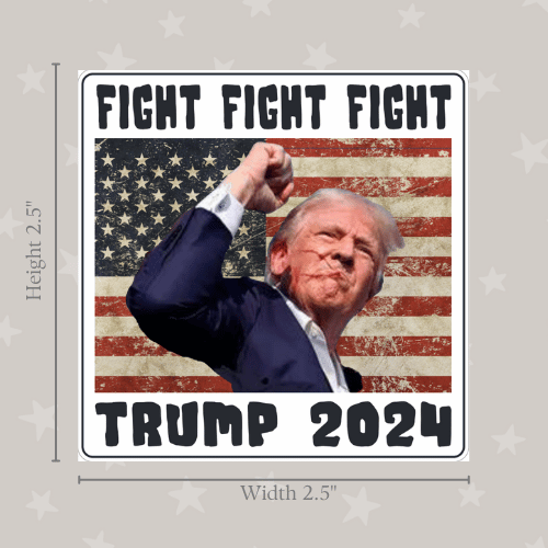 Trump Fight Fight Fight mini sticker measuring 2.5 inches in bold lettering displayed on a laptop above a patriotic background.