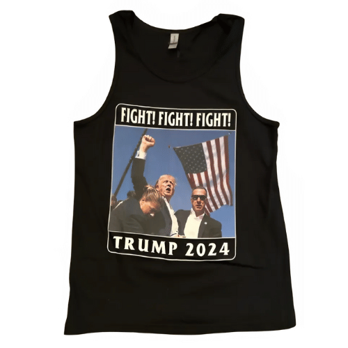 Trump Fight Fight Fight tank top featuring bold graphic text design, perfect for summer casual wear and rallies, showcasing support for Donald Trump.