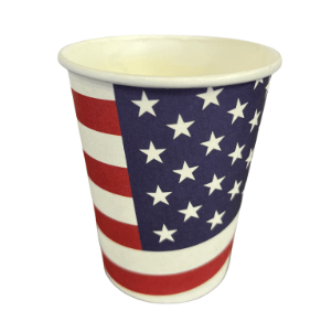 Trump Fight Paper Cups featuring American flag design and 'Fight for America' slogan on one side, ideal for patriotic gatherings and events.