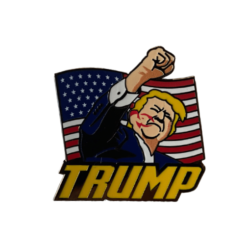 Trump Fist Pump Enamel Pin featuring Donald Trump raising his fist against the American flag, designed for strong political supporters in vivid colors.