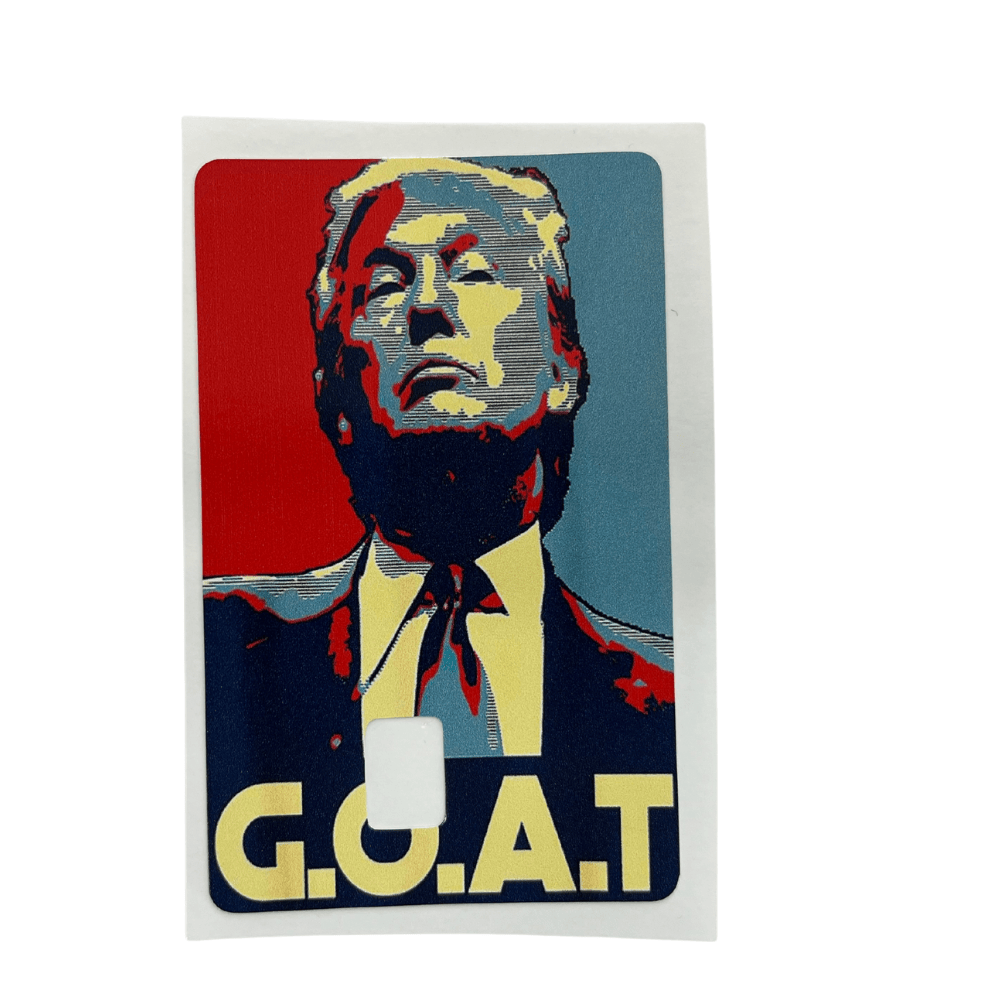 Trump G.O.A.T credit card cover featuring a portrait of Donald Trump in red and blue with G.O.A.T text displayed on a card.