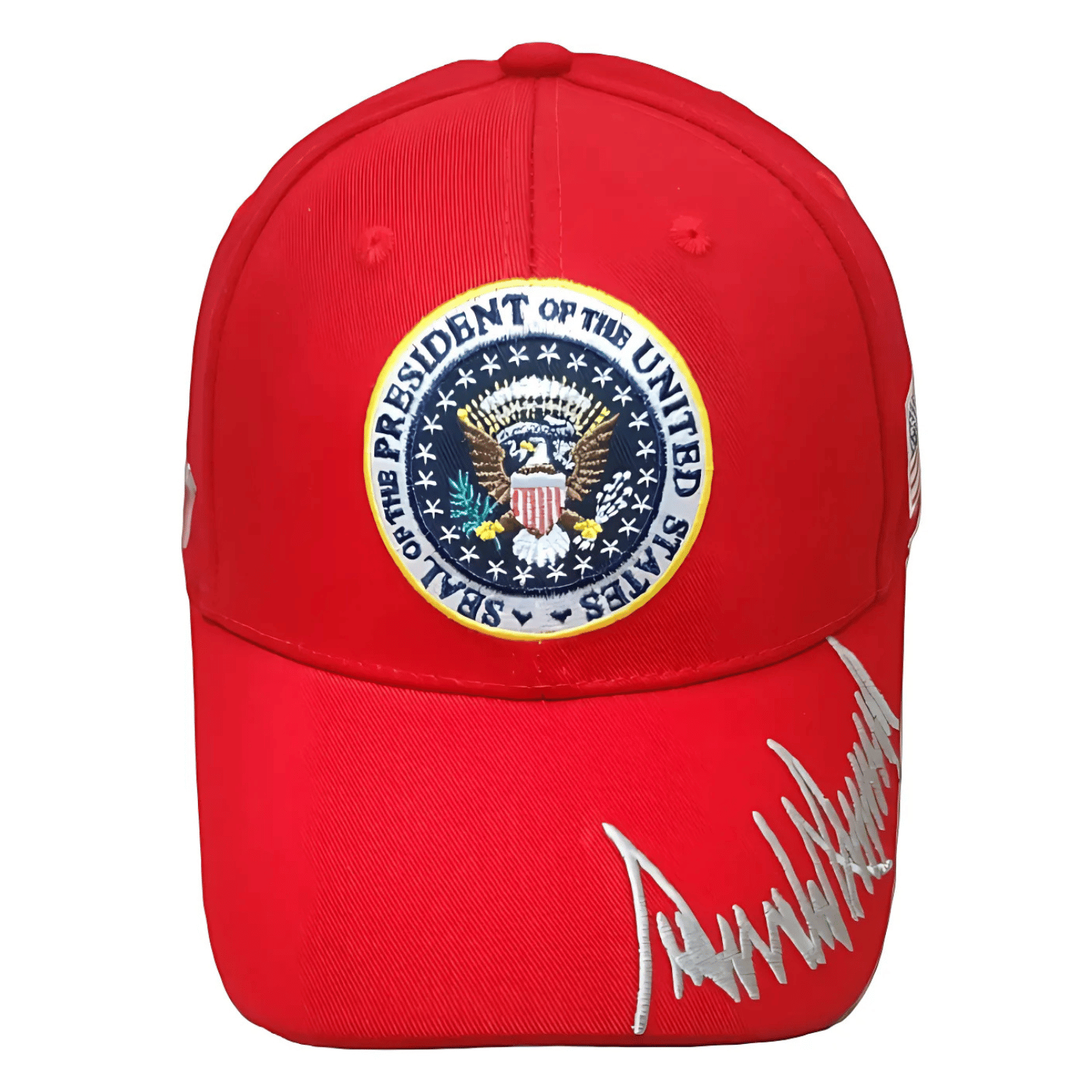 Trump Inauguration 45/47 Red and Silver Seal Hat featuring embroidered presidential seal and bold 'Trump 47' text against a bright red background.