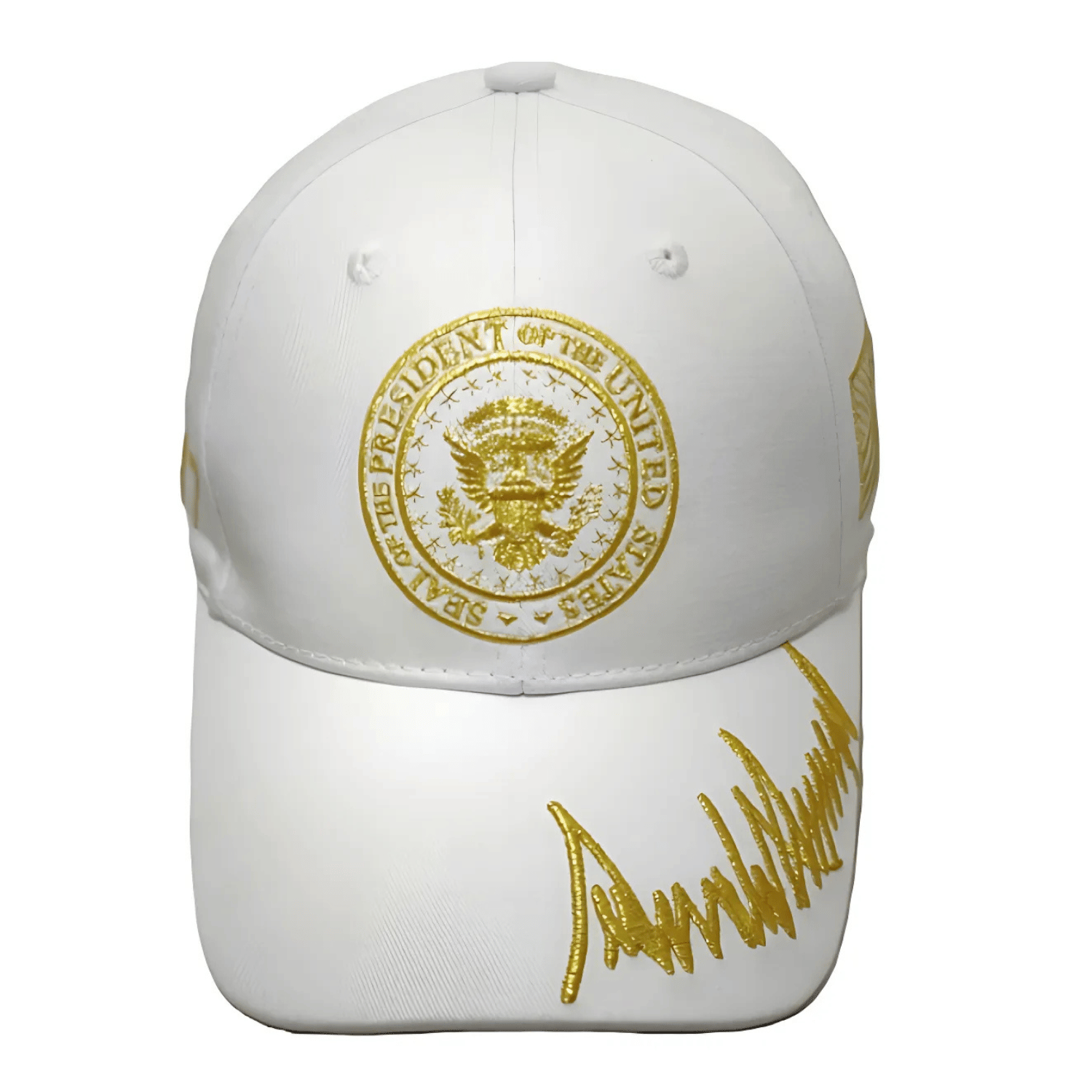 Trump Inauguration 45/47 White and Gold Seal Hat featuring intricate gold embroidery on a white hat, showcasing the presidential seal.