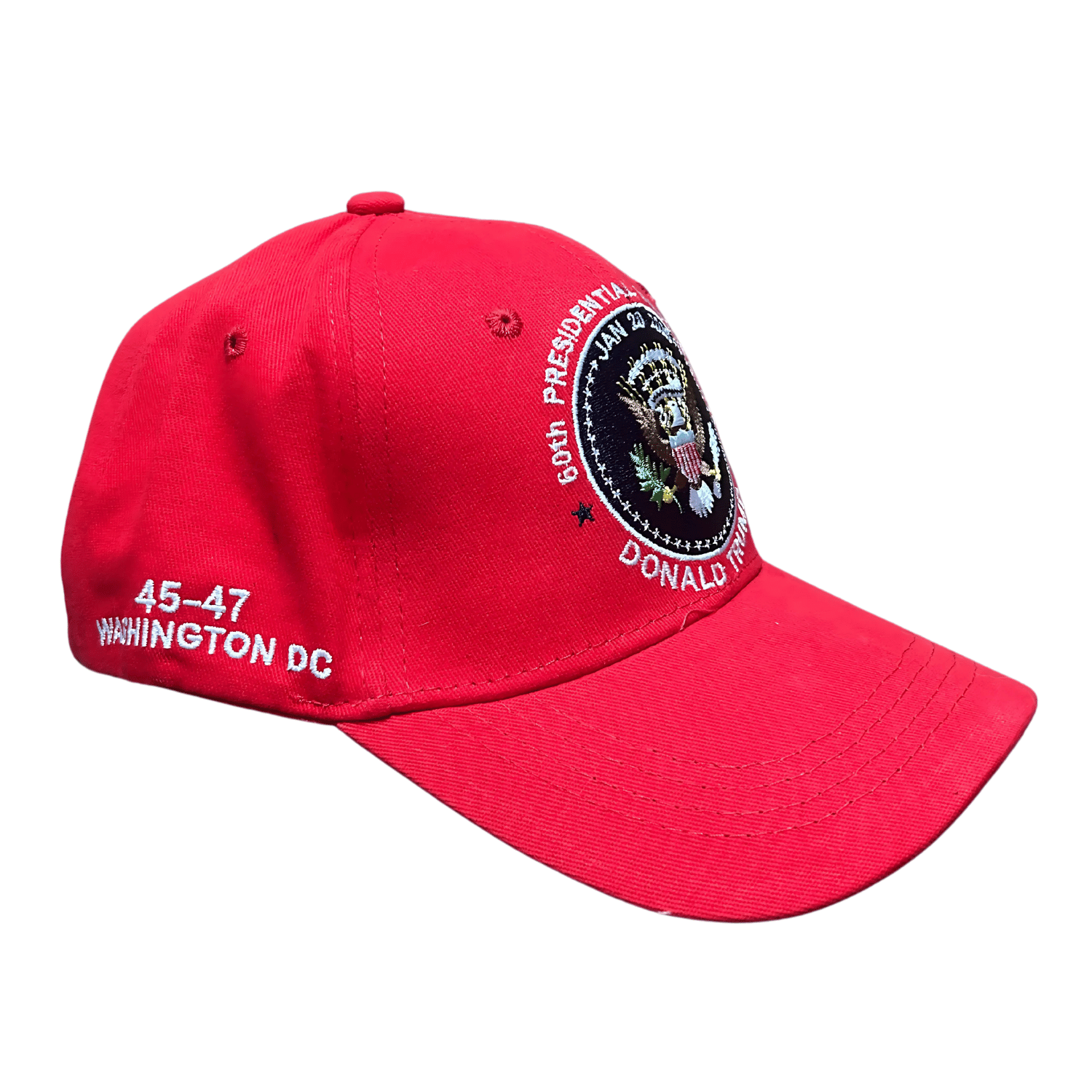 Trump Inauguration Red Seal MAGA Hat featuring presidential seal and 'Trump 47' embroidery displayed on a neutral background.