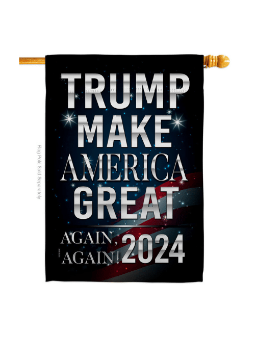 Trump Make America Great Again, Again! double-sided house flag in vibrant colors proudly displayed outdoors. Perfect for showing political support.