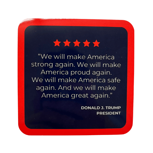 Trump Make America Great Again Quote Coaster with navy background, red border, and motivational text displayed on a table.
