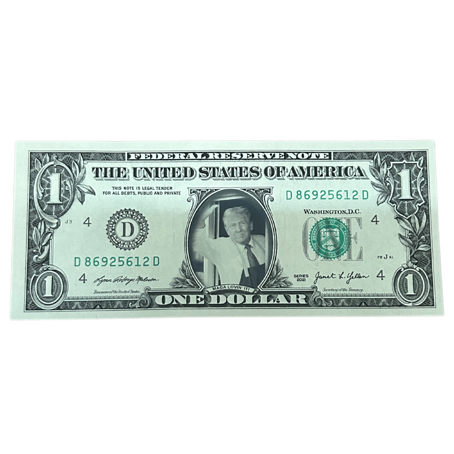 The Trump McDonald's Dollar is an authentic U.S. currency piece adorned with a premium laminated sticker of Donald Trump over George Washington's portrait, making it a must-have collectible.