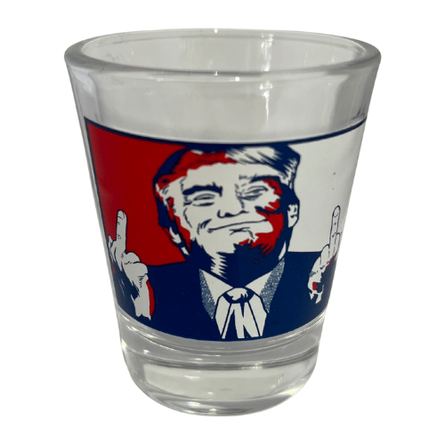 Trump Middle Fingers Shot Glass featuring a vibrant red, white, and blue design, capturing the bold graphic of Donald Trump throwing up both middle fingers.