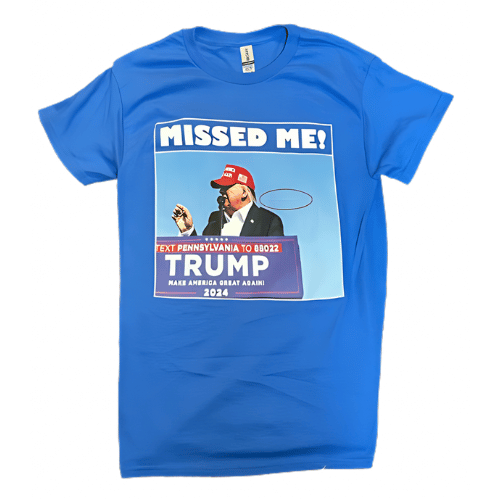 Trump Missed Me Bullet Proof T-Shirt featuring a bullet missing President Trump, designed for bold political statements and comfortable wear.