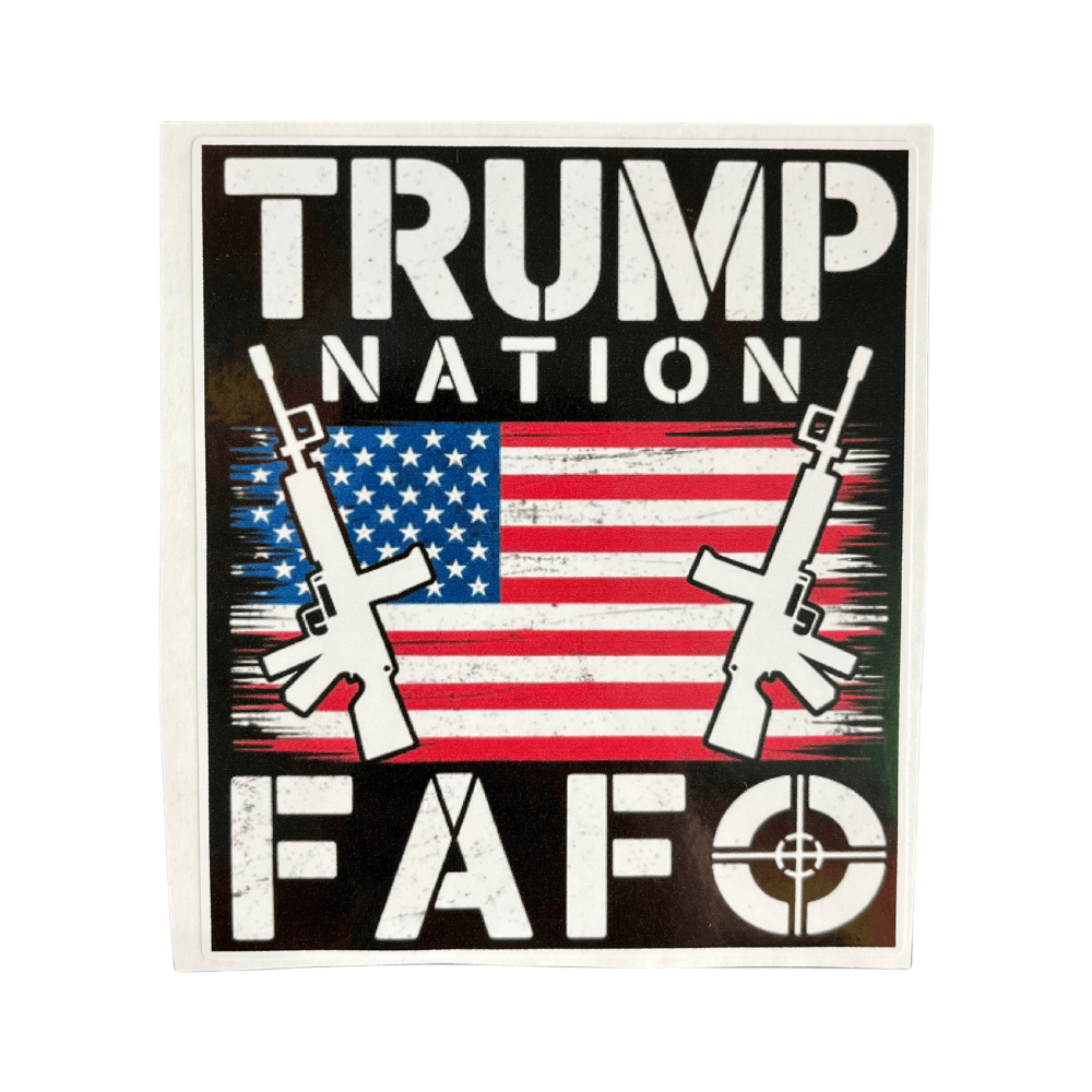 Trump Nation FAFO Sticker featuring bold political design, ideal for personal items, displayed on a laptop in an outdoor setting.