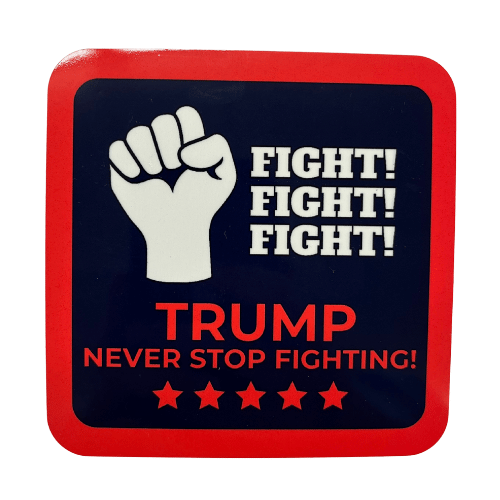 Trump Never Stop Fighting Coaster featuring a bold raised fist graphic, vivid red lettering on a navy background, ideal for showcasing determination.