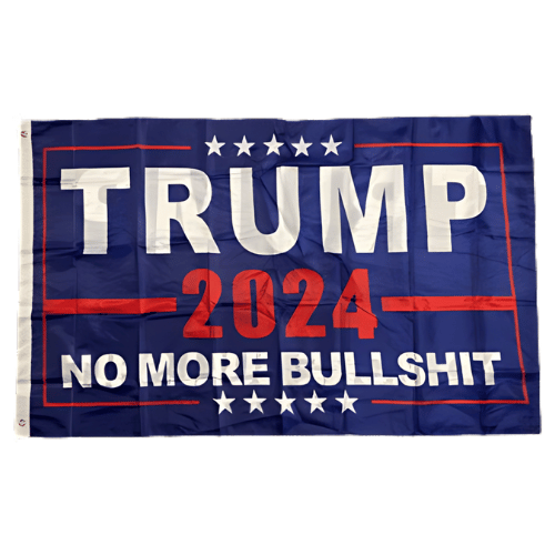 Trump No More Bullshit 3x5 flag displaying bold white text on a vibrant blue background, meant for outdoor political expression.