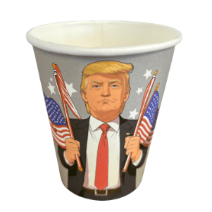 Trump Patriotic Flag Paper Cups showcasing vibrant artwork of Donald Trump holding American flags, set against a festive backdrop of stars.