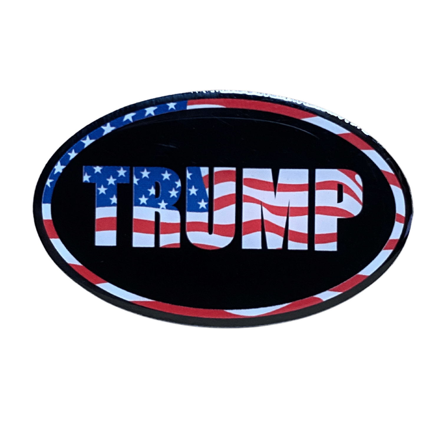 Trump Patriotic USA Overlay Lapel Pin featuring a stars-and-stripes design set against a black background, suitable for jackets or hats.
