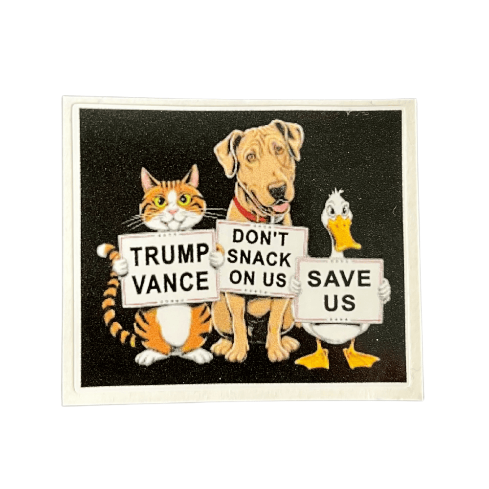 Trump Pets Save Us sticker featuring bold American themes on a smooth surface, ideal for patriotic expression and customization.