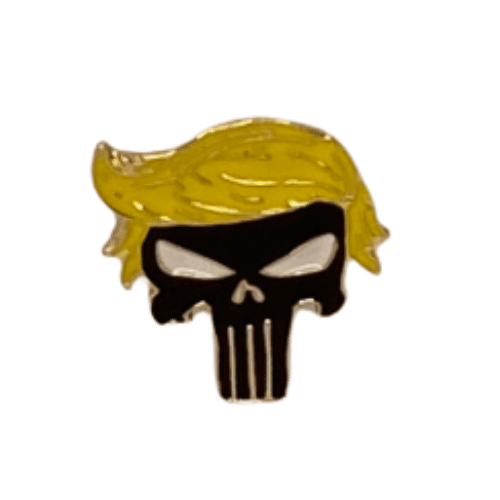 Trump Punisher Mini Pin featuring the Punisher skull design in patriotic colors displayed close-up on a denim jacket.