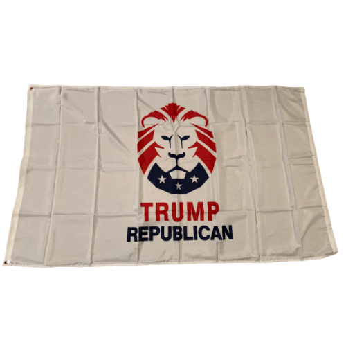 Trump Republican Lion 3x5 Flag with bold lion graphic on white background, showcasing strength and Republican values, displayed outdoors.