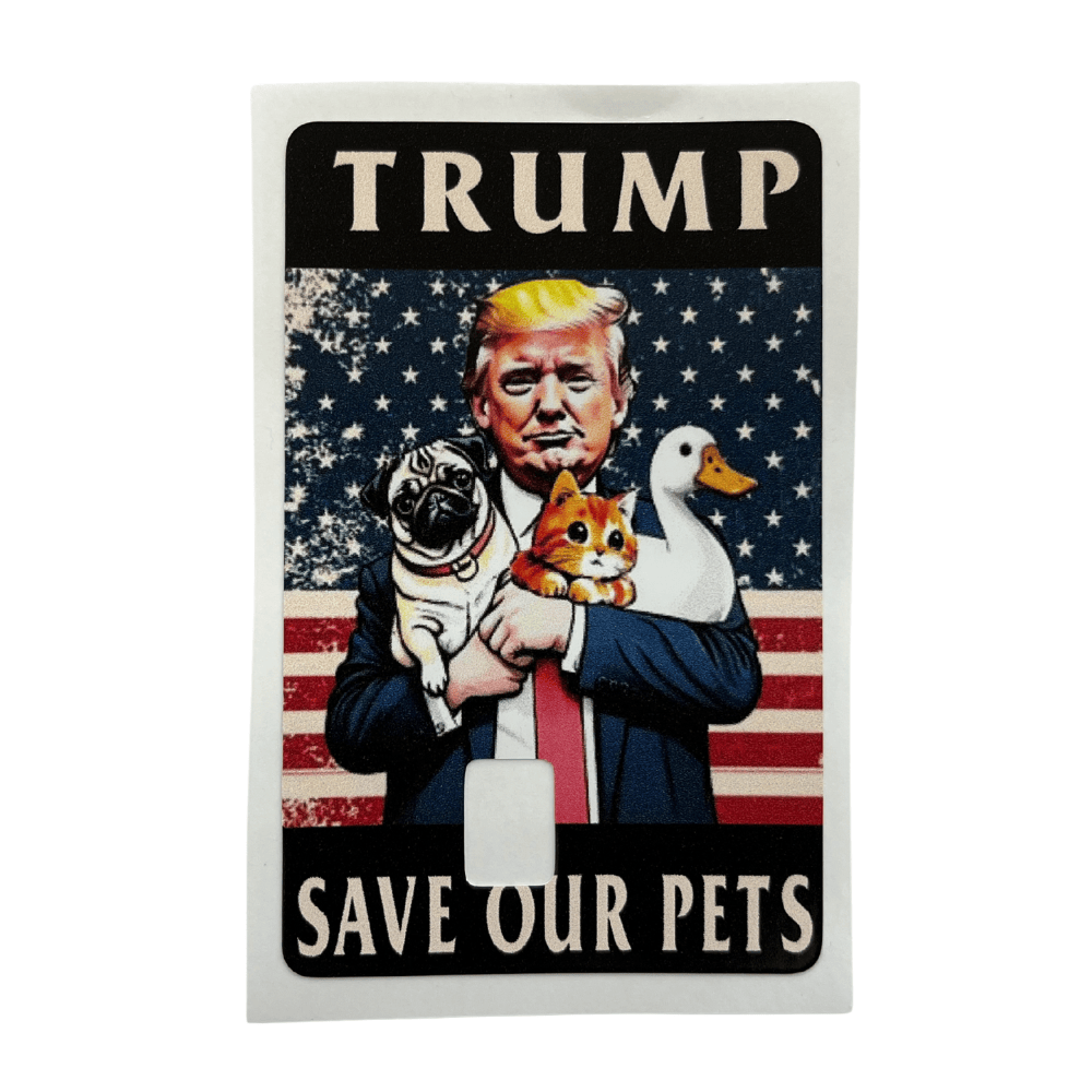 Trump Save Our Pets credit card cover featuring an American flag design and illustrated animals, ideal for patriotic pet owners.