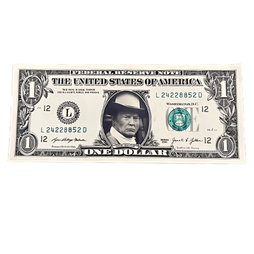 Trump the Outlaw Real Fake Money featuring an authentic dollar bill with a sticker of Donald Trump's face, perfect for collectors and humor lovers.