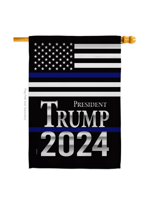 Trump USA Thin Blue Line house flag displaying a vibrant design featuring the thin blue line on an American flag, fluttering outdoors.