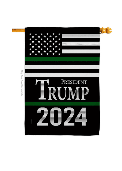Trump USA Thin Green Line House Flag displayed on a decorative outdoor pole, featuring a double-sided design with vibrant colors and symbolism.