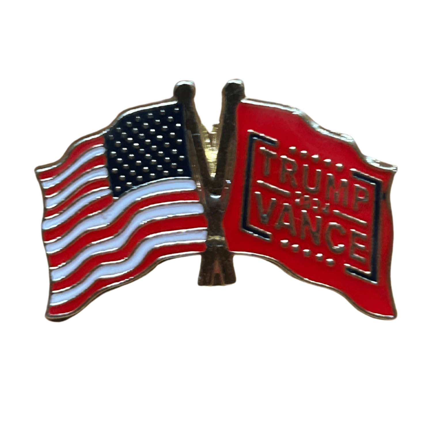Trump Vance Flag Pin, 1.25 inches in diameter, showcasing a bold design to support the 2024 presidential campaign of Trump and Vance.