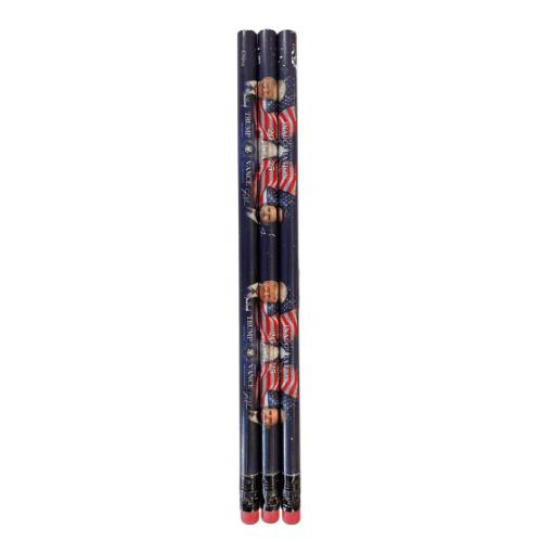 Trump & Vance Inauguration Pencils 3-pack featuring vibrant patriotic designs of Trump and Vance against an American flag backdrop, perfect for writing.