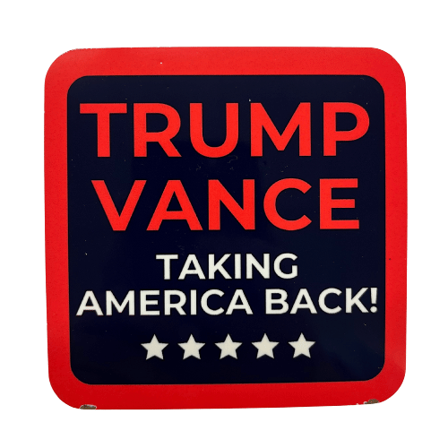 Trump Vance Taking America Back Coaster with deep navy background, vibrant red and white lettering, featuring a bold border and stars.