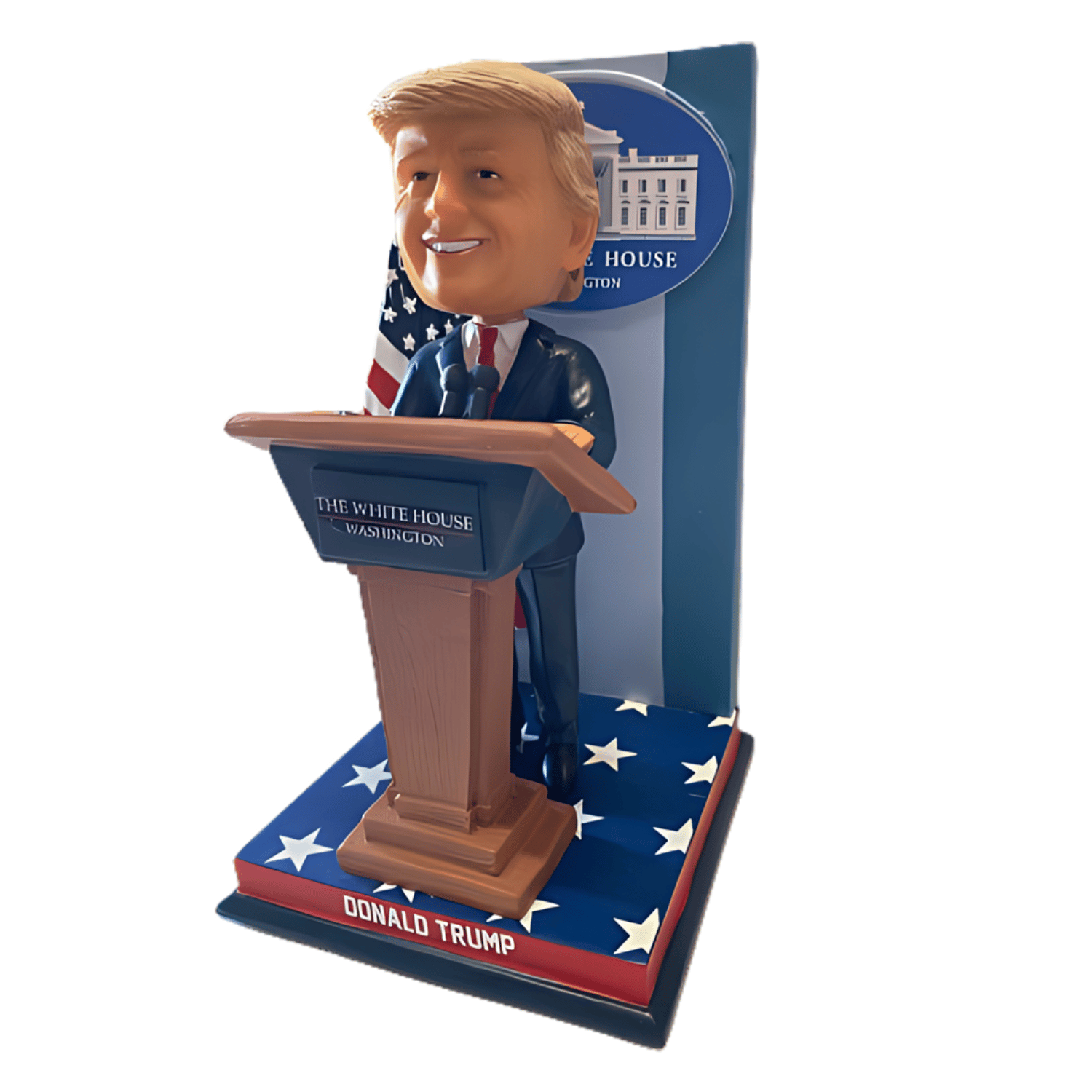Trump White House Press Conference Bobblehead featuring Donald Trump mid-speech behind a replica podium with microphones and the White House emblem.