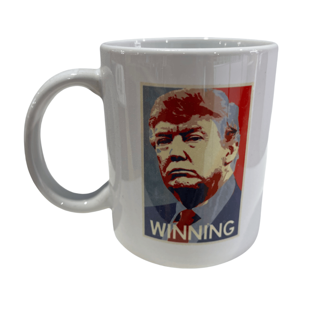 Trump 'WINNING' Mug featuring hope-style portrait of Donald Trump in red, white, and blue colors, perfect for coffee lovers and patriots.