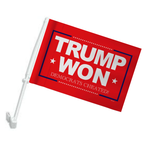 Trump Won Democrats Cheated car flag with bold lettering displayed on a vehicle, showcasing patriotism in an outdoor setting.