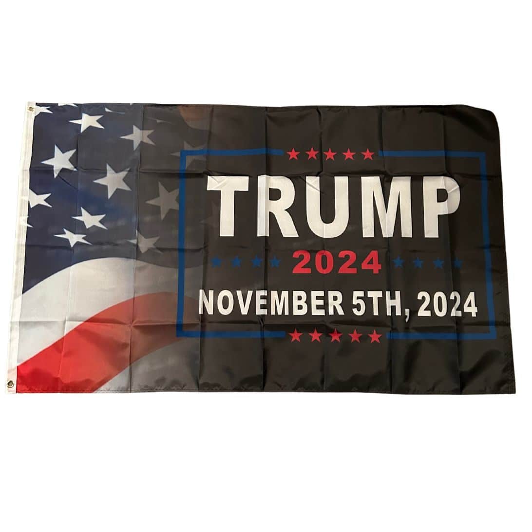 Trump Won Nov 5th 2024 flag in vibrant red, white, and blue colors, measuring 3x5 feet, displayed prominently outside at a political rally.